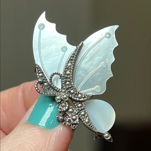 Vintage Sterling Marcasite & Carved Mother of Pearl Butterfly Signed Brooch Pin